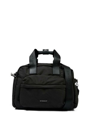 Borsa nera Givenchy con doppi manici e tracolla rimovibile, tasca frontale con zip e dettagli in metallo argentato.