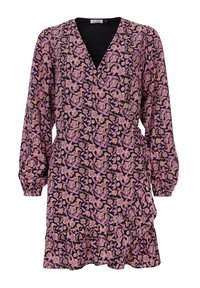 Bloemen wikkeldress van zwarte stof met roze en gele bloemmotieven, V-halslijn, lange pofmouwen en gelaagd ruches-onderzoom.