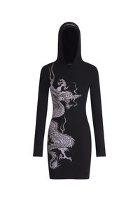 Schwarzes Kapuzenkleid mit langen Ärmeln; verfügt über ein silbernes Drachen-Graphic-Design. Hergestellt aus geripptem Stoff mit einer figurbetonten Silhouette.