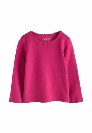 Eenvoudig roze fleece shirt met lange mouwen voor kinderen met een kleine strik bij de halslijn en een afgeronde kraag.