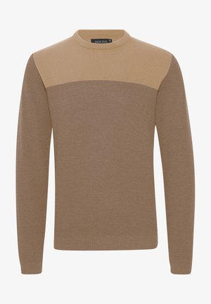 Barna pulóver, texturált felső résszel és sima testtel. Színátmenet világos bézstől sötétebb barnáig. Kerek nyakú és hosszú ujjú.