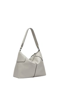 Jasnoszara skórzana torebka o unikalnym, kanciastym kształcie, z czarnymi akcentami i jednym regulowanym paskiem na ramię.