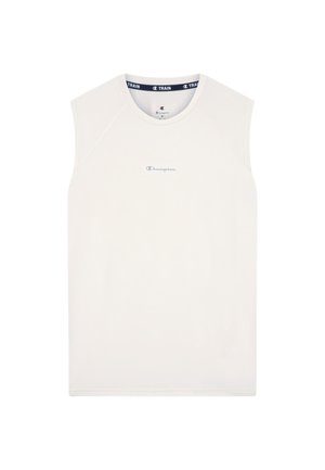 T-shirt d'entraînement sans manches Champion blanche avec col rond et petit logo centré sur la poitrine et texte à l'intérieur du col.