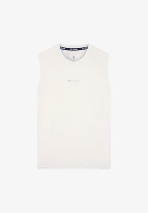 Witte mouwloze Champion trainingsshirt met ronde hals en klein gecentreerd logo op de borst en tekst op de binnenste kraag.