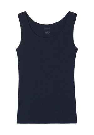 Granatowy damski tank top bez rękawów z okrągłym dekoltem, zaprojektowany na szczupłe dopasowanie.