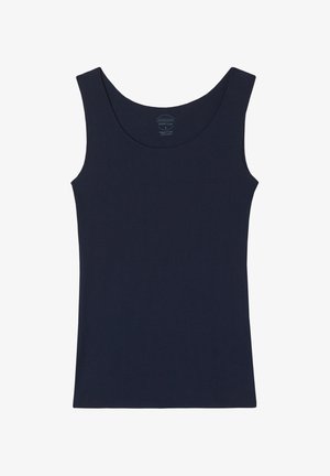 Granatowy damski tank top bez rękawów z okrągłym dekoltem, zaprojektowany na szczupłe dopasowanie.