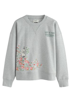 Gray sweatshirt with a V-neck design, featuring floral and heart patterns in pink and green, with a character illustration and text.