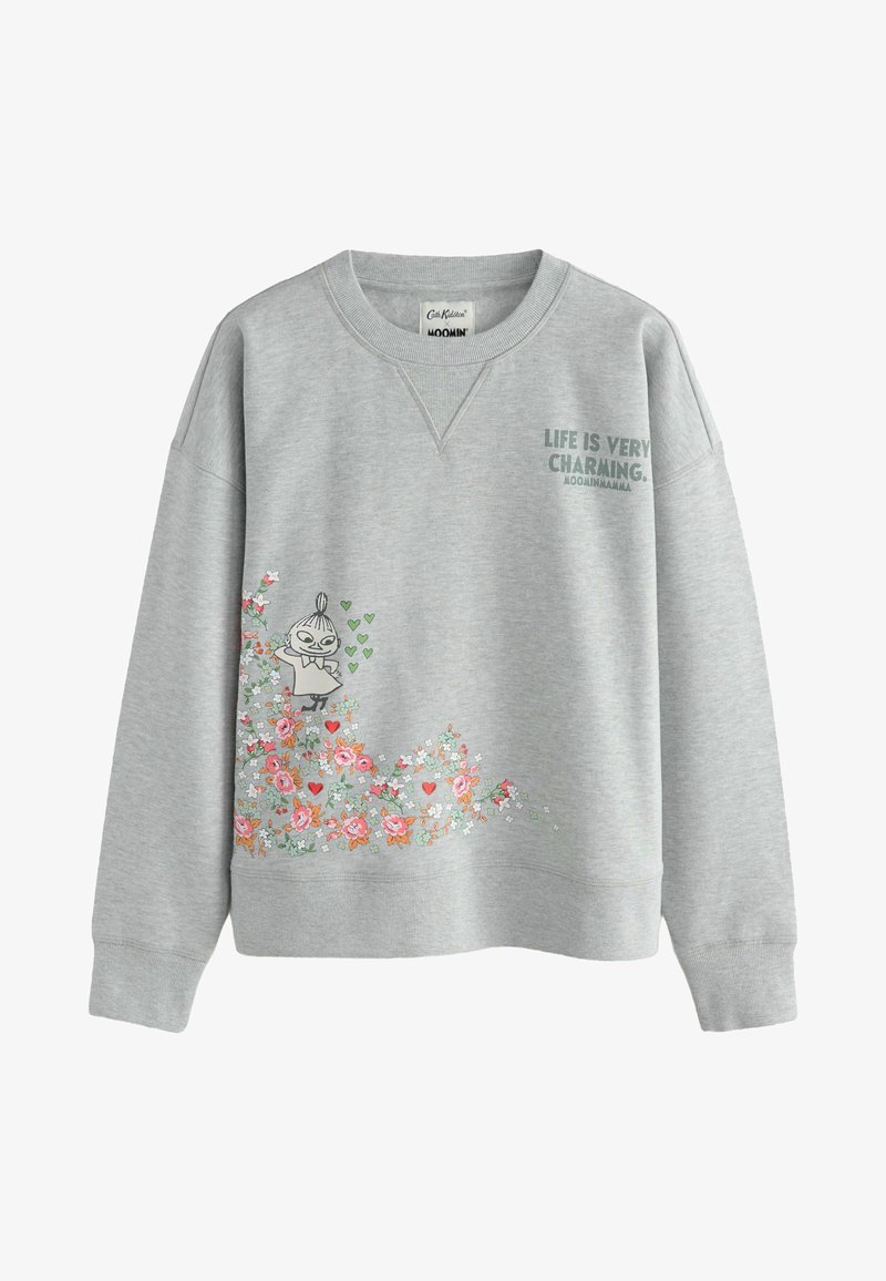 Hanorac gri cu un design în formă de V, având motive florale și inimioare în roz și verde, precum și o ilustrație de personaj și text.