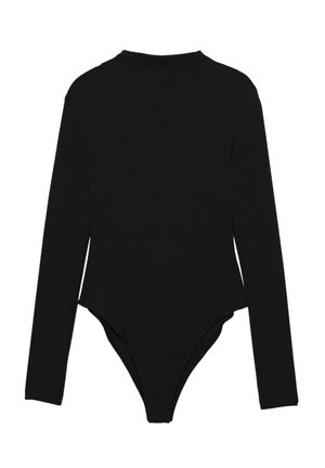 Zwarte longsleeve bodysuit met een gladde textuur en hoge halslijn, met een string achterkant en een aansluitend ontwerp. Geen patronen of versieringen.