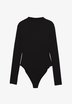 Zwarte longsleeve bodysuit met een gladde textuur en hoge halslijn, met een string achterkant en een aansluitend ontwerp. Geen patronen of versieringen.