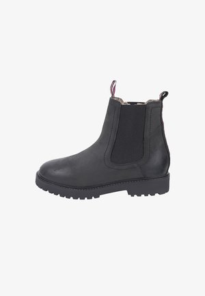Zwarte leren Chelsea boot met elastische zijpanelen, een gestructureerde rubberen zool en een trekband aan de achterkant voor gemakkelijk aan- en uittrekken.
