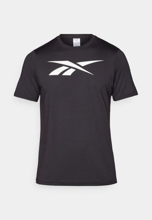 Schwarzes Sport-T-Shirt aus leichtem Material, mit einem auffälligen weißen Logo-Graphic auf der Vorderseite. Kurze Ärmel und Rundhalsausschnitt.