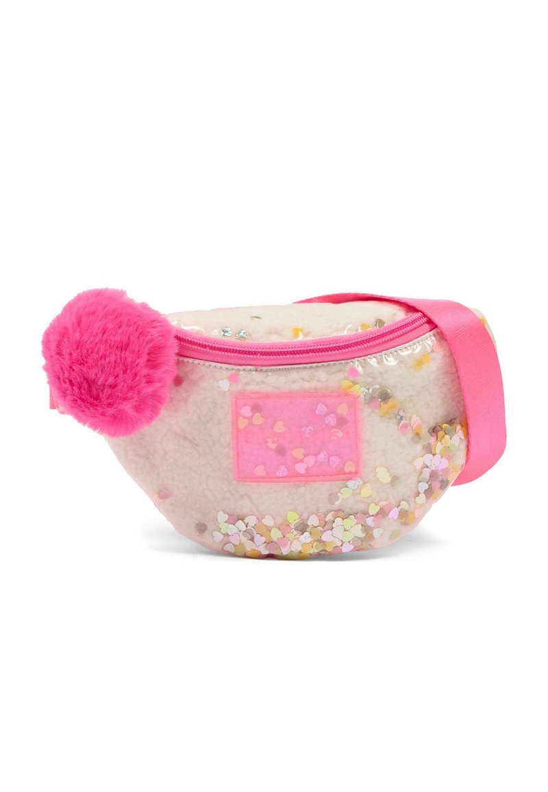 Marsupio con un'esterno trasparente e luccicante, decorato con paillettes a forma di cuore multicolori, una pom-pom di peluche rosa e una tracolla in nylon rosa.