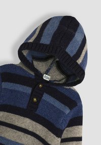 Felpa a righe in blu, navy e beige. Tessuto lavorato a maglia con un'apertura frontale e due bottoni dorati. Include un cappuccio e un'etichetta.