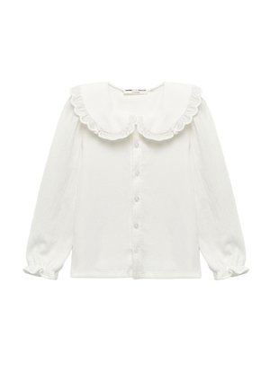 Hvid bluse med lange ærmer, scalloped øjelet blonderkrave og knaplukning foran, med elastiske manchetter med flæse detaljer.