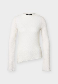 Λευκό δαντελένιο τοπ με μακριά μανίκια, ψηλό λαιμό και ασύμμετρο τελείωμα, με λεπτό floral δαντελένιο μοτίβο και εφαρμοστή σιλουέτα.