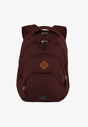 Bordeauxrugzak gemaakt van textuurstof, met dubbele ritscompartimenten, een voorvak met een leren accent en gewatteerde verstelbare banden.