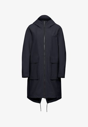 Navy waterproof jacket with a zip front, hood, and two front pockets. Features adjustable drawstring hem and textured collar detail.