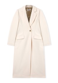 Lungo cappotto color crema con superficie testurizzata, risvolti, due tasche frontali e fodera con stampa leopardata. Dotato di una singola chiusura con bottone dorato.