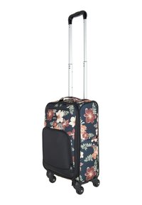 Valise rigide à roulettes avec un motif floral sur fond bleu foncé, dotée d'une poche frontale et d'accents noirs. Poignée rétractable réglable.