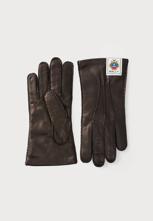 Black leather gloves with a smooth texture, featuring a closed cuff, five fingers, and decorative stitching; includes a Bally label.