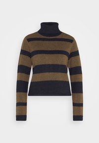 Hnědo-modrý pruhovaný rolákový svetr. Vyroben z měkkého pleteného materiálu s dlouhými rukávy a přiléhavým, krátkým střihem.