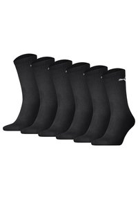 Schwarze Baumwollsocken im Sechserpack mit gerippter Textur und klassischem Crew-Längen-Design. Einfach, uni-farben ohne Muster.