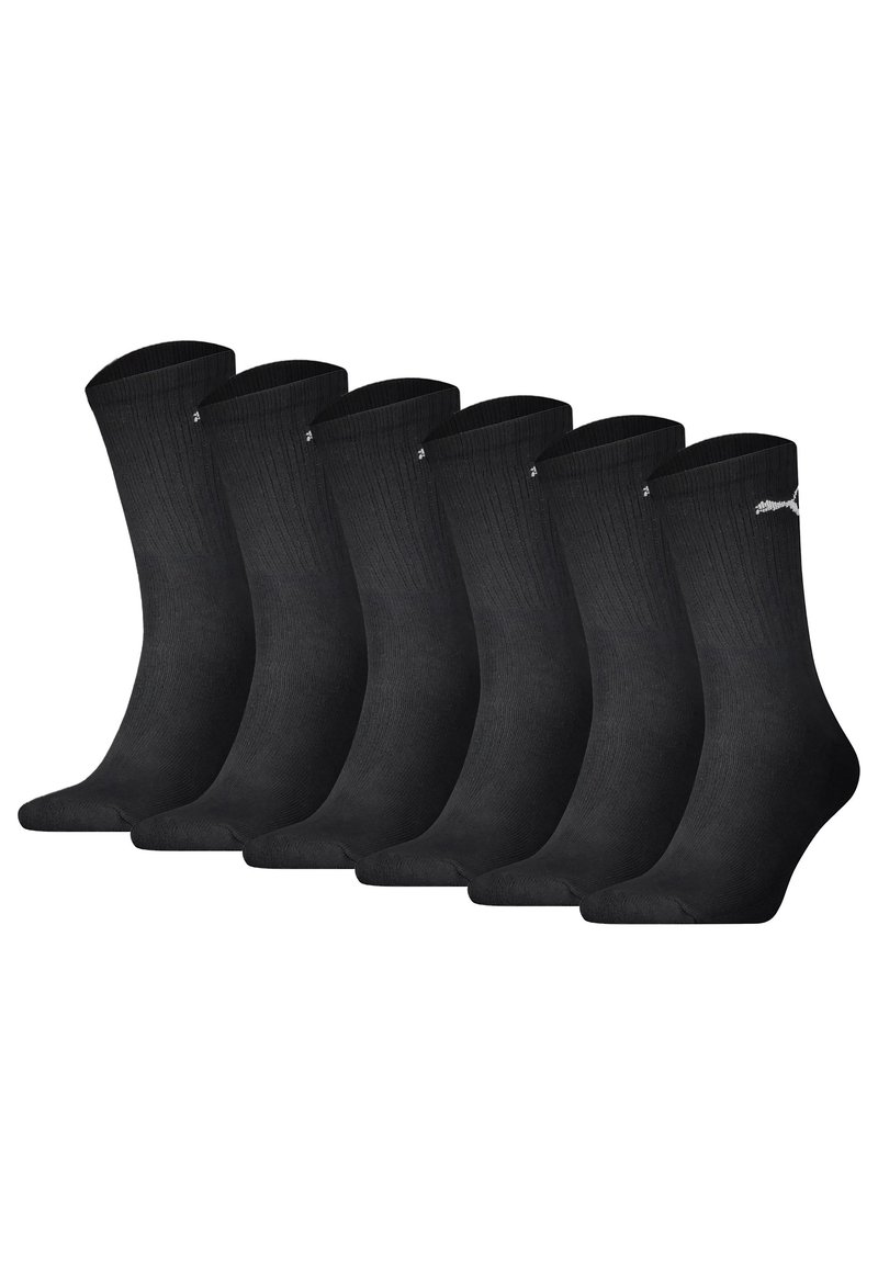 Schwarze Baumwollsocken im Sechserpack mit gerippter Textur und klassischem Crew-Längen-Design. Einfach, uni-farben ohne Muster.