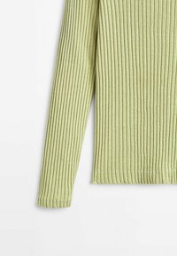 Ribbed pitkähihaine toppi vaaleanvihreästä kankaasta, jossa on istuva muoto ja teksturoitu pinta. Ei näkyviä kuvioita tai varustetietoja.
