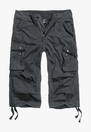 Mustat cargo-shortsit, jotka on valmistettu puuvillasta. Niissä on useita sivutaskuja, vetoketjukiinnitys, säädettävät nyöriset reunassa ja rento istuvuus.