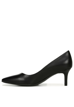 Black leather high-heeled pump with a pointed toe, slim heel, and smooth texture. Features a minimalist design and solid color.