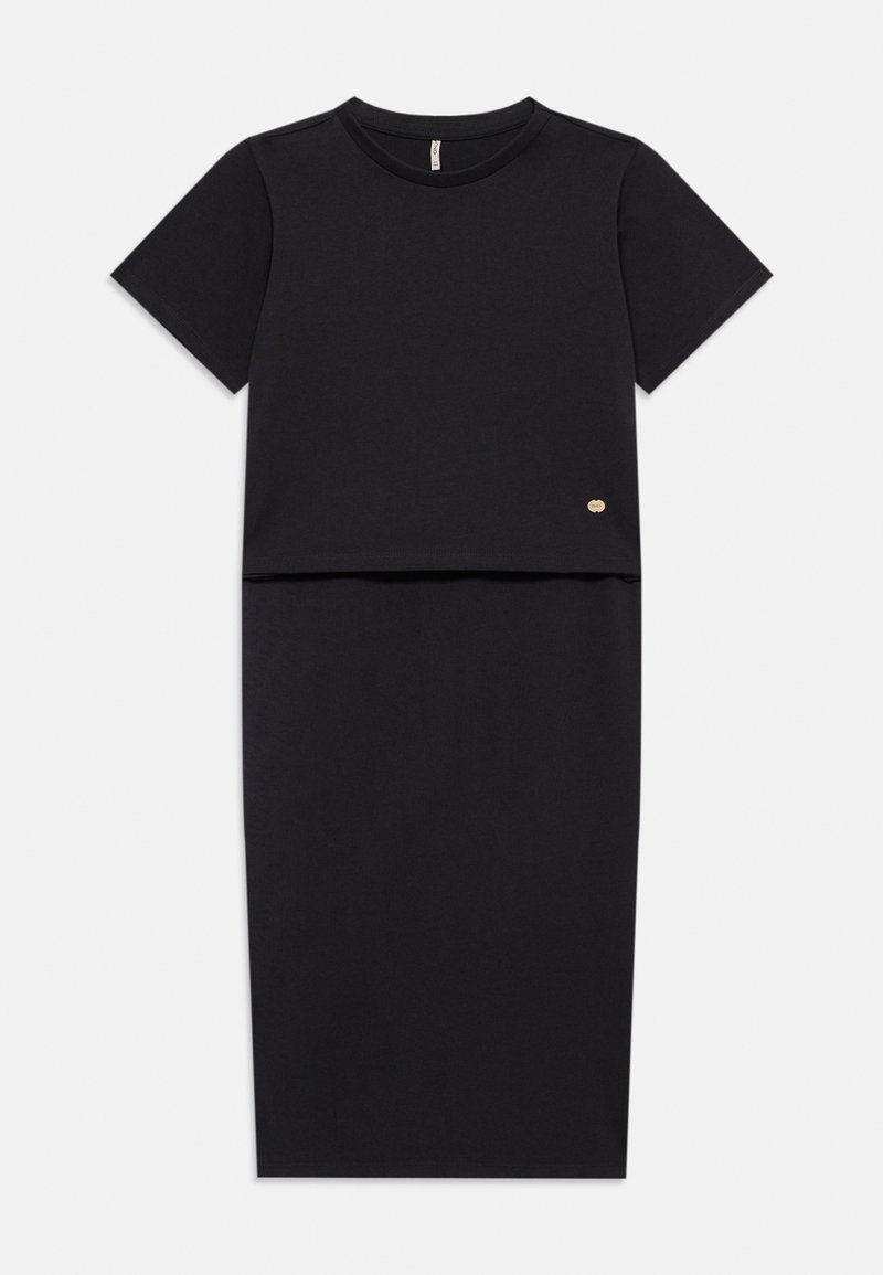 Juodas dviejų dalių suknelė, turinti trumpas rankoves ir iki kelių siekiančią sijoną. Pagaminta iš lygaus audinio, su mažu auksiniu logotipo akcentu apatine dalimi.