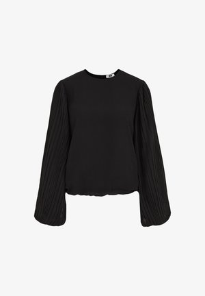 Haut noir avec un col rond, présentant un corps lisse et de longues manches plissées, fabriqué en tissu léger, avec un ourlet court.