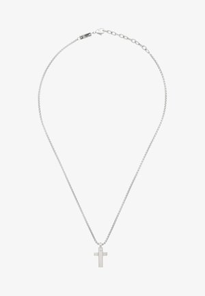 Collar de cadena de plata con un sencillo colgante de cruz pulido. La cadena tiene un delicado diseño de eslabones y un cierre de langosta.