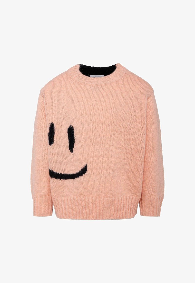 Różowy sweter wykonany z miękkiej dzianiny, z dużym czarnym wzorem uśmiechniętej buźki z przodu, z prążkowanymi mankietami i dołem.