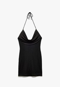 Schwarzes Halterneck-Kleid mit drapiertem Schößchen-Ausschnitt, verziert mit kleinen silbernen Punkten, aus glattem Stoff und mit taillierter Silhouette.