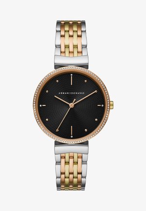 Reloj de metal en tonos dorado y plateado con un dial texturizado negro, acentos en oro rosado y embellishments de cristal alrededor del bisel.