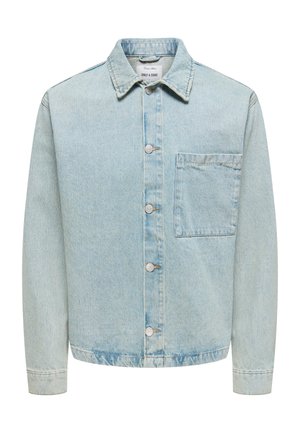 Light blue denim jacket with a button-up front, pointed collar, one chest pocket, and long sleeves. Fabric has a soft texture and casual design.