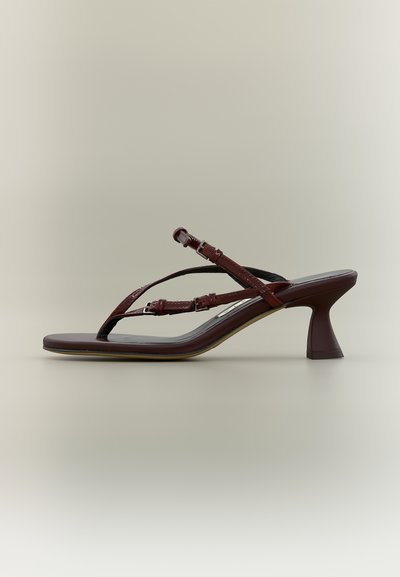 Σκουρό καφέ πέδιλο με τακούνι, λεπτές λουρίδες και δύο μικρές αγκράφες, με τετράγωνη μύτη και φαρδύ, μεσαίου ύψους τακούνι.