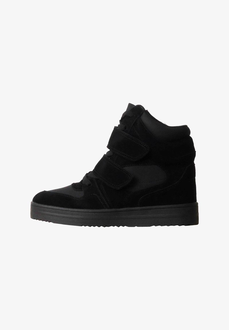 Black high-top sneaker with two Velcro straps, lace-up front, and flat rubber sole, shown from the side on a white background.