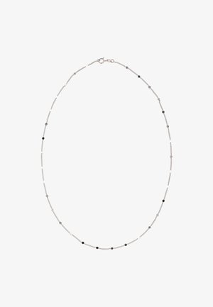 Zilveren ketting met afwisselend ronde en vierkante zwarte en zilveren kralen, voorzien van een veerachtige sluiting. Elegant ontwerp met gevarieerde texturen.