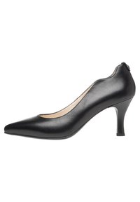 Escarpin noir en cuir avec un bout pointu, texture lisse et un talon effilé de 3 pouces. L'intérieur présente une doublure claire.