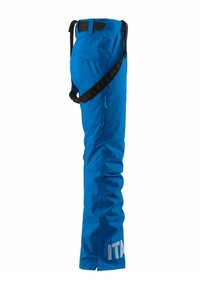 Pantaloni da sci impermeabili blu con cintura nera regolabile e tasche laterali. Presenta il testo "ITA" in bianco sulla parte bassa della gamba.
