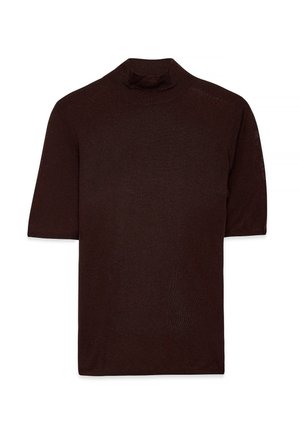 Braunes Kurzarm-Pullover mit Stehkragen aus einem leichten, strukturierten Stoff, mit einer figurschmeichelnden Silhouette und minimalistischem Design.