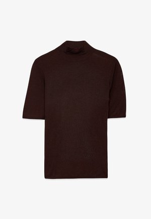 Braunes Kurzarm-Pullover mit Stehkragen aus einem leichten, strukturierten Stoff, mit einer figurschmeichelnden Silhouette und minimalistischem Design.