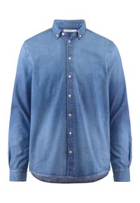 Spijkerhemden in medium blauw, met een button-down kraag, lange mouwen en een rechte zoom met een licht gebogen onderkant.