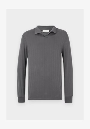Gray long-sleeve polo shirt with vertical ribbed texture, a notch collar, and buttonless placket. Soft fabric with fitted sleeves.