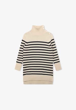 Kremowo-czarny prążkowany sweter z golfem, długimi rękawami i czterema guzikami na lewym ramieniu. Sweter z prążkowanymi mankietami i dołem.