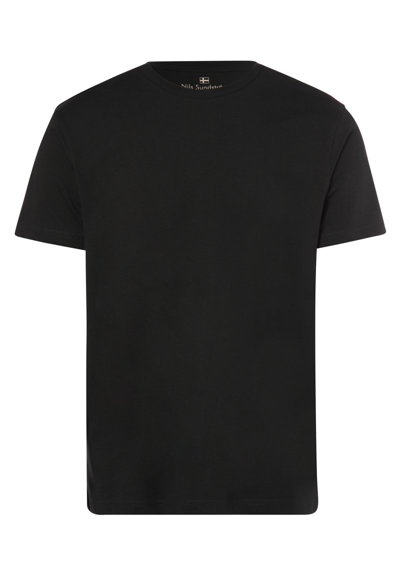 T-shirt in cotone nero con maniche corte, scollatura rotonda e orlo dritto. Design semplice, senza motivi o dettagli. Materiale leggero.