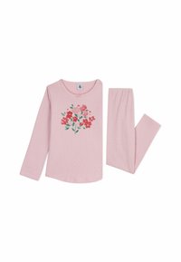 Różowy komplet loungewear z bawełny, składający się z długiego rękawa topu z kwiatowym nadrukiem i pasujących legginsów; miękka tekstura, okrągły dekolt i elastyczna talia.